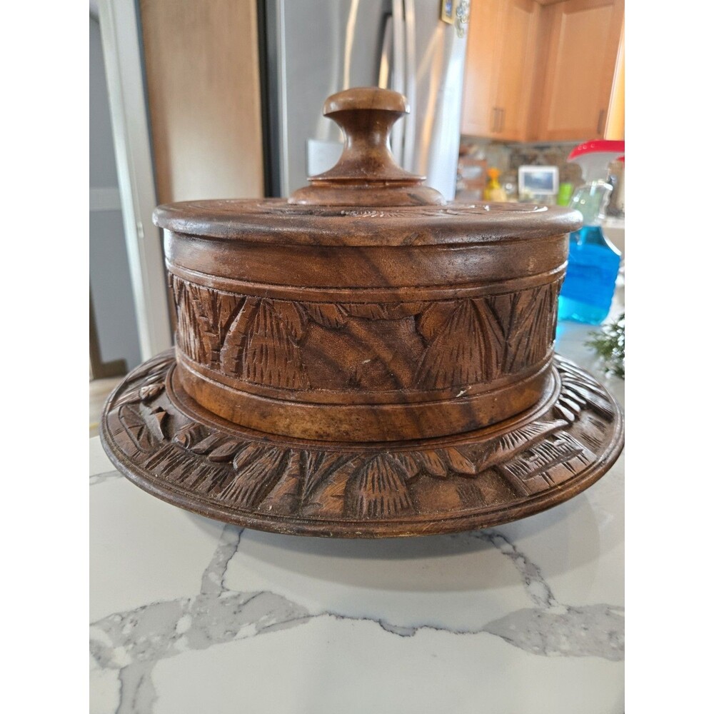 Vintage 1970s Tiki Cake Stand / Lazy Susan Hand Carved Wood